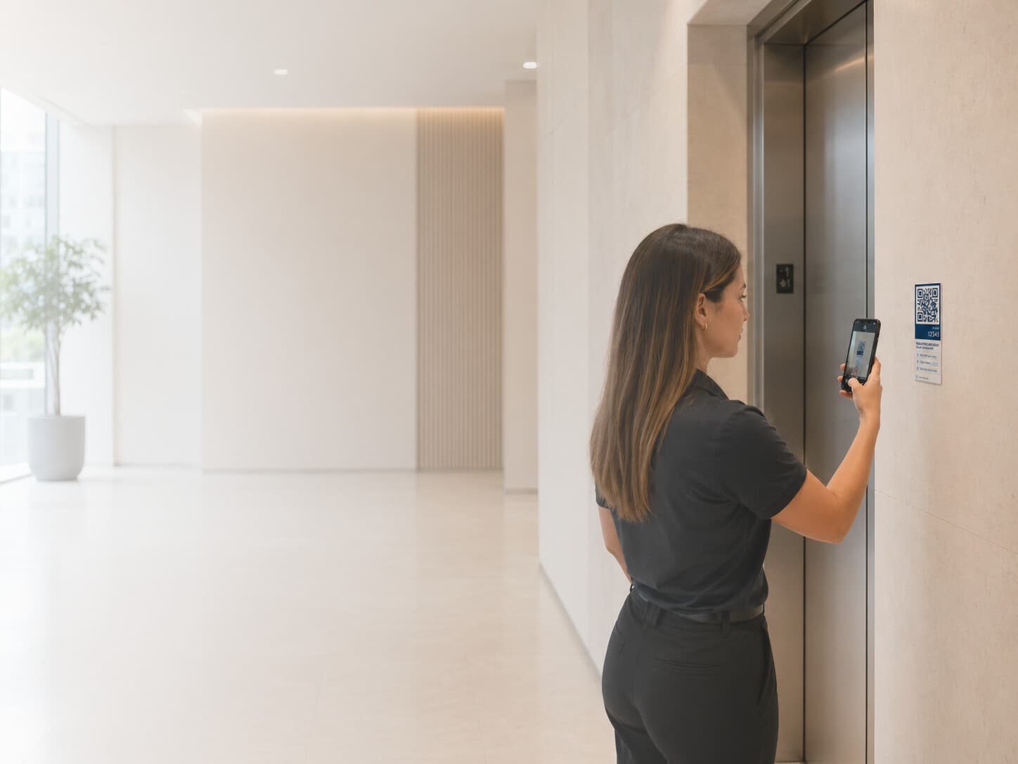 Person scanning a CleanScan QR tag next to an elevator